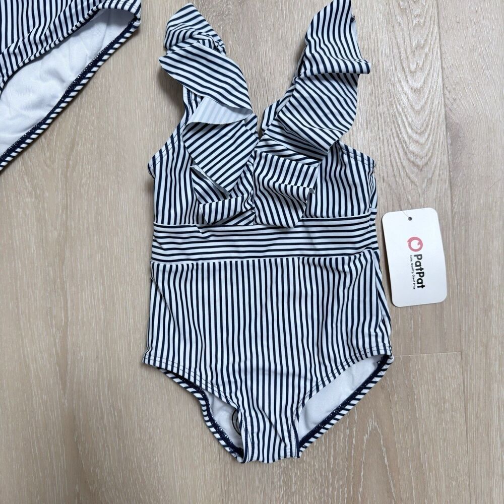 NWT Nautical Striped Ruffle One Piece Swimsuit Girl Sz 6-7Y Coastal Beach Cruise